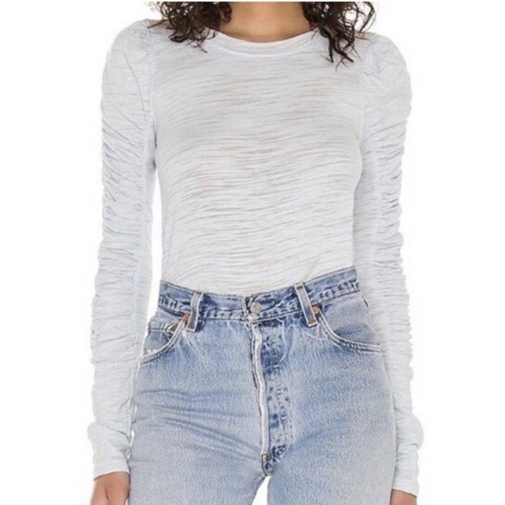 Free People We The Free Natasha Ruched-Long Sleeve Crewneck T-Shirt M Denim